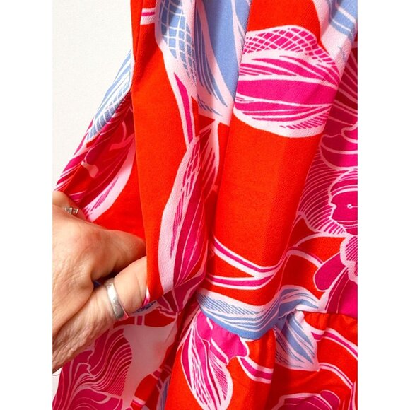 Eliza J Womens Red Pink Poppy Floral Pockets Halter Tiered Midi Dress Sz 12 New - Picture 6 of 8